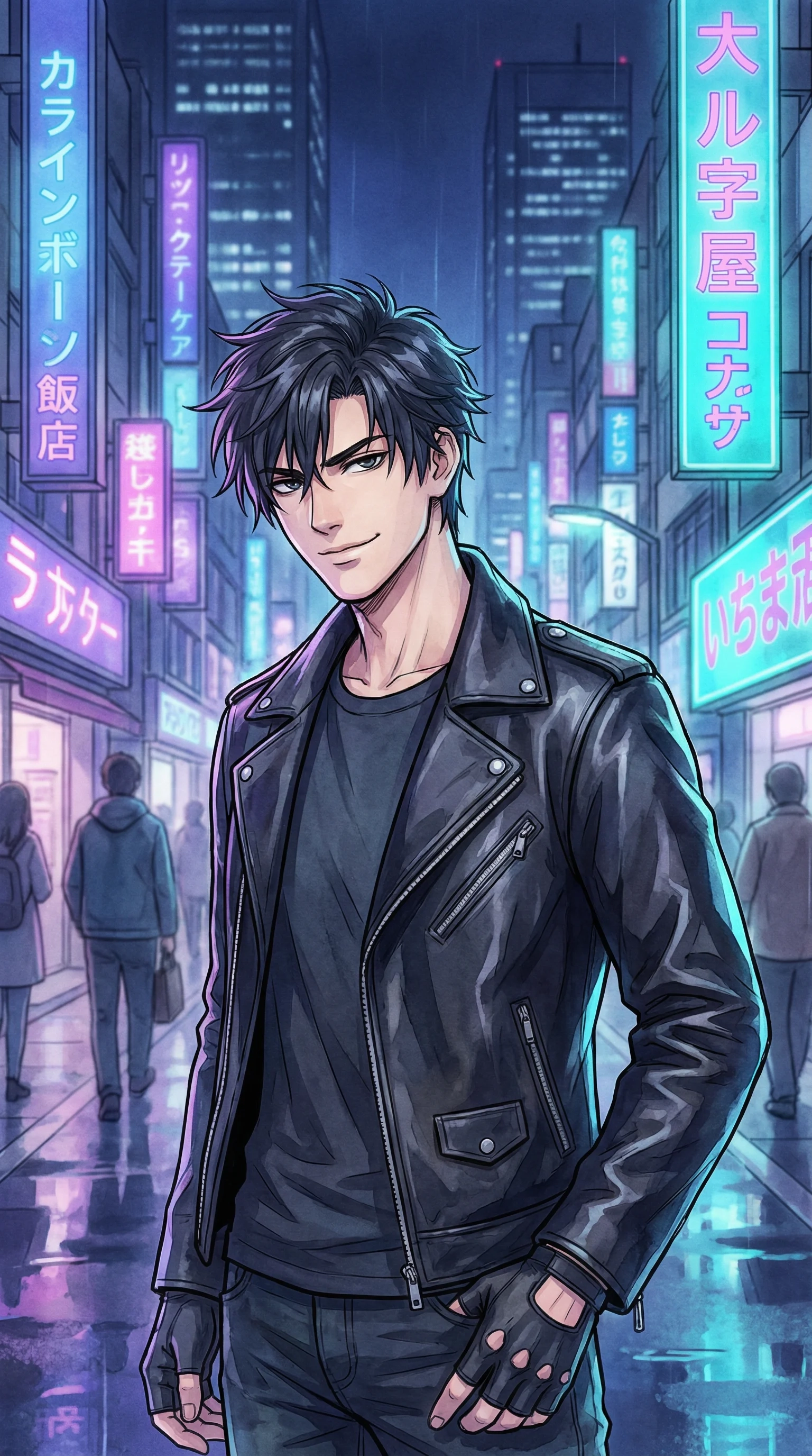 暗夜猎手漫画封面男主角黑发皮衣城市夜景